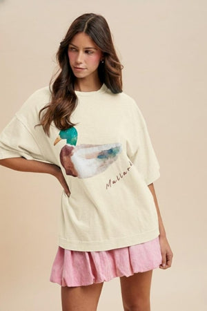ANNIEWEAR Women's Top S / CREAM Watercolor Mallard Duck Printed Oversized Tee Shirt AT3911J