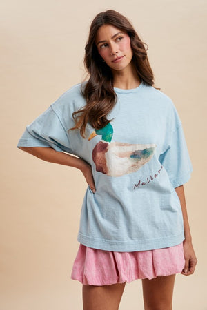 ANNIEWEAR Women's Top S / LT BLUE Watercolor Mallard Duck Printed Oversized Tee Shirt AT3911J