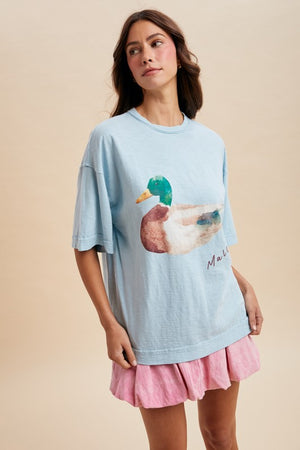 ANNIEWEAR Women's Top Watercolor Mallard Duck Printed Oversized Tee Shirt