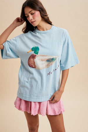 ANNIEWEAR Women's Top Watercolor Mallard Duck Printed Oversized Tee Shirt