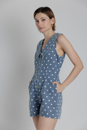 AUREUM Women's Romper Sailor Collar Denim Romper