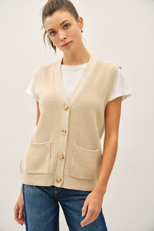 Be Cool LA Women's Sweaters NATURAL / S Varsity Style Button Up Sweater Vest With Pockets || David's Clothing 65074