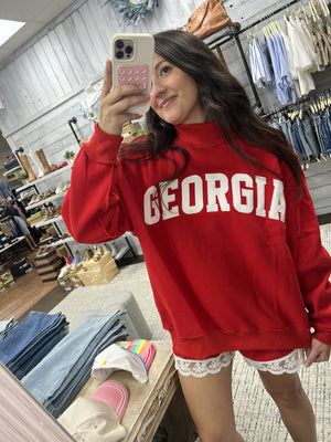 BUCKET LIST Women's Sweatshirt RED / S/M Embroidered "GEORGIA" Mock Neck Pullover IT2594ER