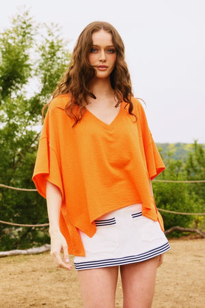 BUCKET LIST Women's Top ORANGE / S V-neck Oversized Solid Knit Top || David's Clothing T1722D