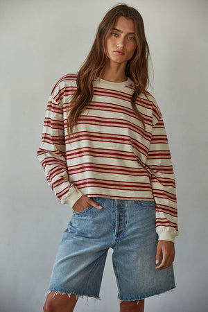 BY TOGETHER YOU AND I Women's Top TAUPE RED / S Knit Cotton Multicolor Stripe Crew Neck Long Sleeve Top L8681