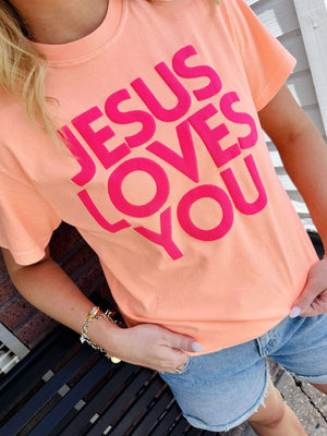 DASH FORWARD Women's Tees NEON CANTALOUPE / S Jesus Loves You Simple Block Neon Puff Tee JESUSLOVESYOUII