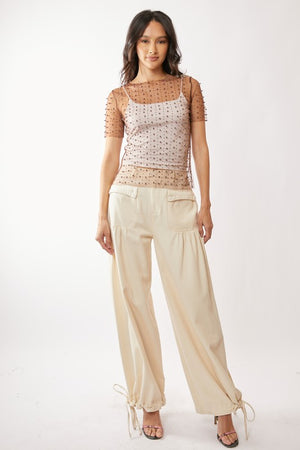 DAVI & DANI Women's Top Bead And Pearl Embellished Short Sleeves Mesh Top || David's Clothing