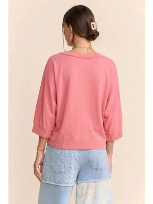 DAVI & DANI Women's Top Raw Edge Boat Neck Puff Sleeve Knit Top