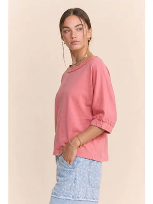 DAVI & DANI Women's Top Raw Edge Boat Neck Puff Sleeve Knit Top