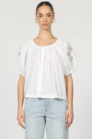 DEAR JOHN DENIM Women's Top WHITE / XS Dear John Emiline Puff Sleeve Button-Up Laser Cut Embroidery || David's Clothing DSH1459M9SKW