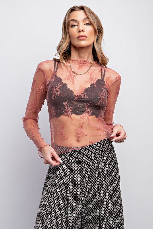 EASEL Women's Top MAUVE / S All Over Sheer Lace Top || David's Clothing ET18261