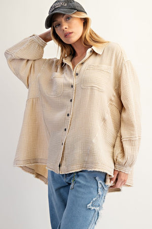 EASEL Women's Top Button Down Washed Cotton Gauze Shirt || David's Clothing