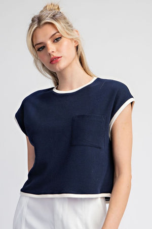 ee:some Women's Top NAVY / S Two Tone Round Neck Short Sleeve Top || David's Clothing TH12065