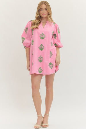 ENTRO INC Women's Dresses Embroidered 3/4 Puff Sleeve Mini Dress