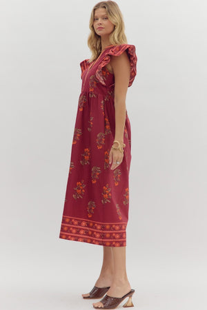 ENTRO INC Women's Dresses Floral Framed Border Pattern Flutter Sleeve Pullover Midi