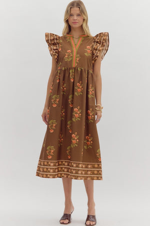 ENTRO INC Women's Dresses Floral Print Framed Flutter Sleeve Midi Dress