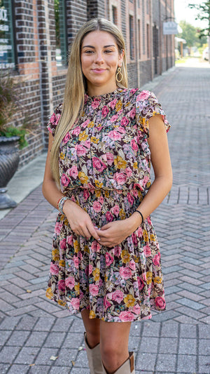 ENTRO INC Women's Dresses Floral Print Mock Neck Short Sleeve Mini Dress || David's Clothing