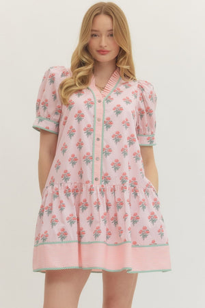 ENTRO INC Women's Dresses Floral Print Short Puff Sleeve Mini Dress