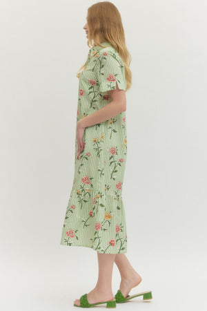 ENTRO INC Women's Dresses Floral Stripe Print Short Sleeve Midi Dress