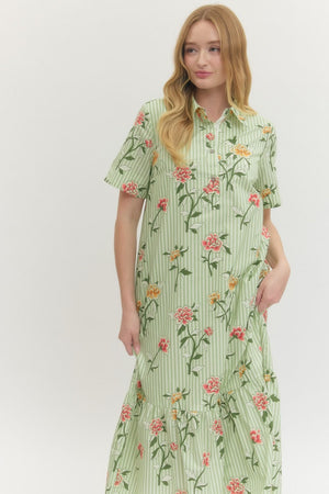 ENTRO INC Women's Dresses Floral Stripe Print Short Sleeve Midi Dress