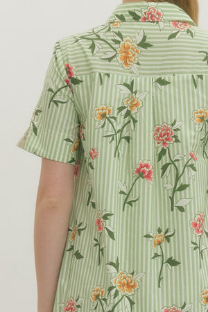 ENTRO INC Women's Dresses Floral Stripe Print Short Sleeve Midi Dress