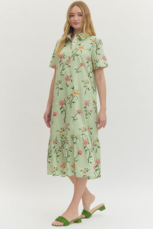 ENTRO INC Women's Dresses Floral Stripe Print Short Sleeve Midi Dress