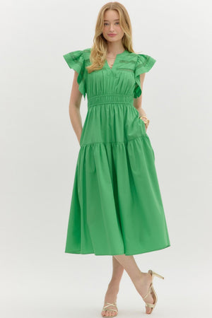 ENTRO INC Women's Dresses Flutter Sleeve Split V-Neck Pullover Tiered Midi Dress