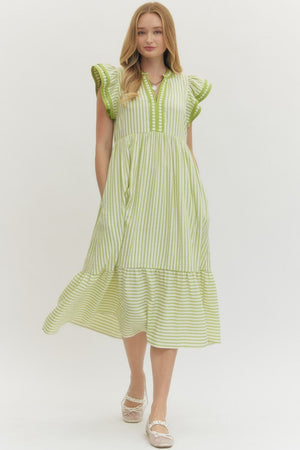 ENTRO INC Women's Dresses LIME / S Textured stripe pattern tiered ruffle flutter sleeve D26444SPRING