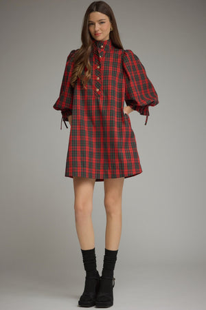 ENTRO INC Women's Dresses Plaid ¾ Balloon Sleeve Mini Dress