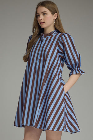 ENTRO INC Women's Dresses Striped 3/4 Puff Sleeve Mini Dress