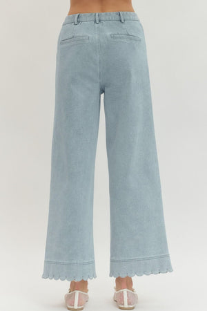 ENTRO INC Women's Jeans Solid Wide Leg Pants Featuring Scallop Accent Trim