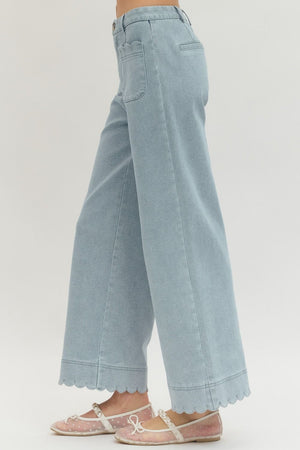 ENTRO INC Women's Jeans Solid Wide Leg Pants Featuring Scallop Accent Trim