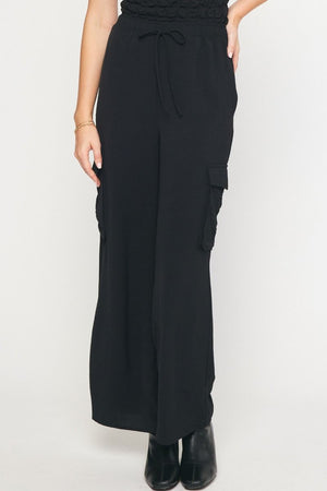 ENTRO INC Women's Pants BLACK / S High Waisted Utility Wide Leg Pants || David's Clothing P21298