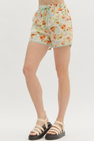ENTRO INC Women's Shorts Floral Print High Waist Shorts