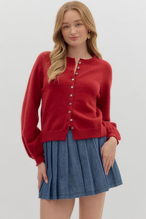 ENTRO INC Women's Sweaters DK CHERR / S Solid Long Sleeve Sweater Knit Cardigan J27326