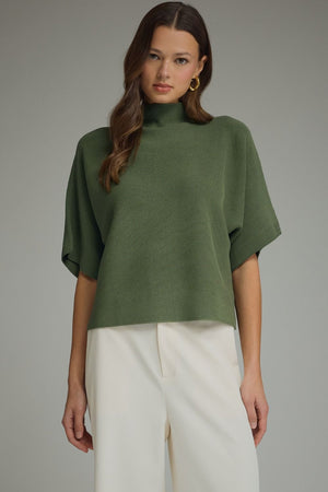 ENTRO INC Women's Sweaters OLIVE / S Solid Mock Neck Short Sleeve Sweater Knit Top T31958