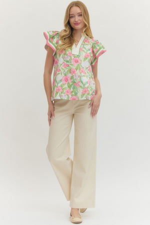 ENTRO INC Women's Top Floral print flutter sleeve top