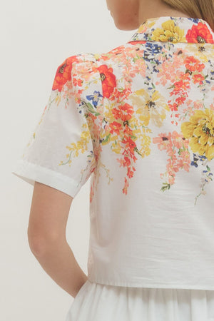 ENTRO INC Women's Top Floral Print Short Sleeve Collared Top