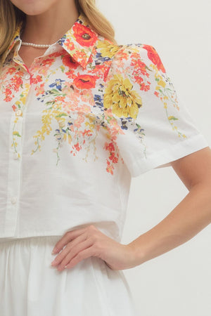 ENTRO INC Women's Top Floral Print Short Sleeve Collared Top