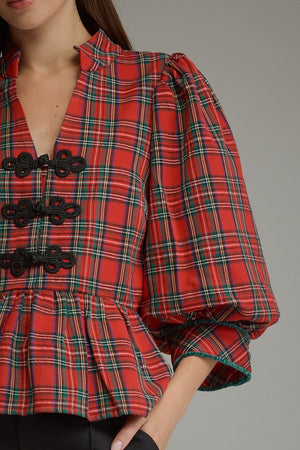 ENTRO INC Women's Top Holiday Plaid Peplum Top with Traditional Knot Details