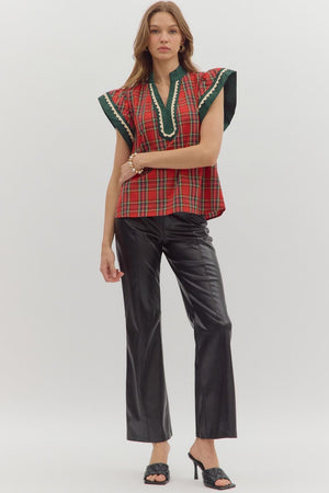 ENTRO INC Women's Top Plaid Pattern Scallop Trim Accent Flutter Sleeve Top