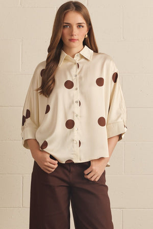 ENTRO INC Women's Top Polka Dot Collared 3/4 Sleeve Top