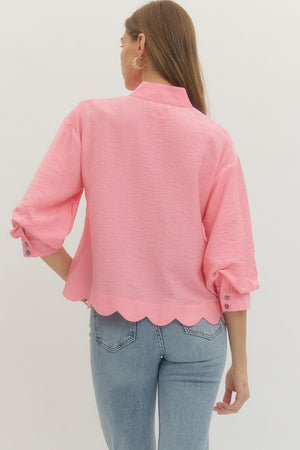 ENTRO INC Women's Top Solid 3/4 Sleeve Scallop Hem V-Cut Top