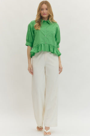 ENTRO INC Women's Top Solid Short Sleeve Ruffle Hem Button-Down Top