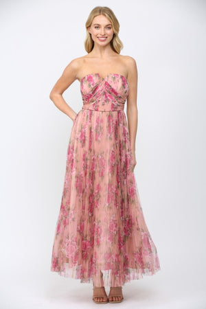 FATE BY LFD Women's Dresses Floral Print Mesh Pleated Maxi Dress