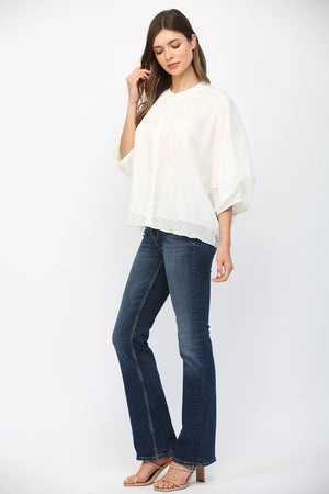 FATE BY LFD Women's Top Round Neckline Voluminous 3/4 Sleeve Linen Blouse