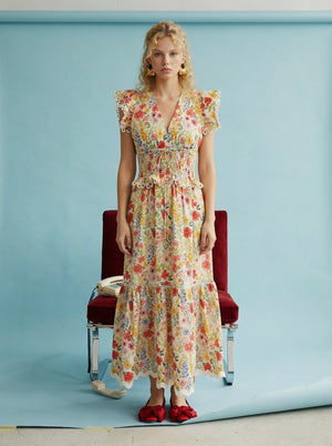 HEYSON Women's Dresses Floral Smocked Waist Ruffle Midi Dress