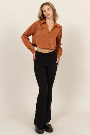 HYFVE INC. 22-Women's Woven Top Button-Down Silky Cropped Shirt || David's Clothing