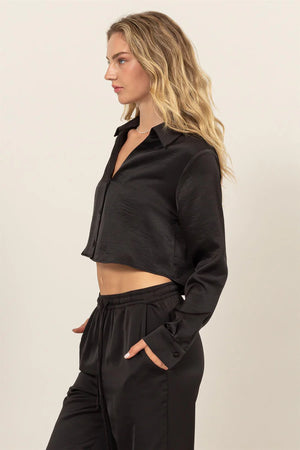 HYFVE INC. 22-Women's Woven Top Button-Down Silky Cropped Shirt || David's Clothing