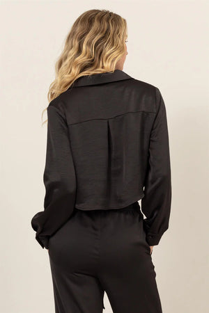 HYFVE INC. 22-Women's Woven Top Button-Down Silky Cropped Shirt || David's Clothing